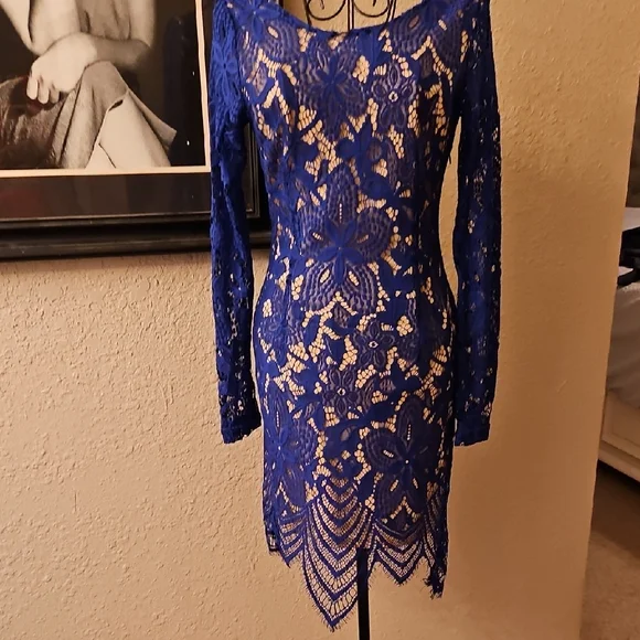 Charlotte Russe Dresses | Charlotte Russe Royal Blue Lace Asymmetrical Dress | Color: Blue/Tan | Size: S